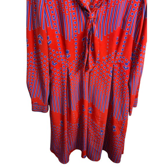 ModCloth Dress Womens 10 Fit and Flare Long Sleeve Pleated Red Blue Print Fall - Picture 3 of 16